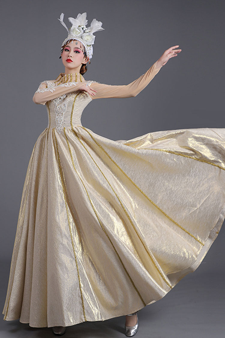 Gold Embroidered Victorian Gown with High Waist - Altfashion Shop
