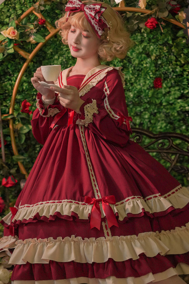 Classic Lolita OP Dress - Long Sleeves High Waist Ruffled Bowknot