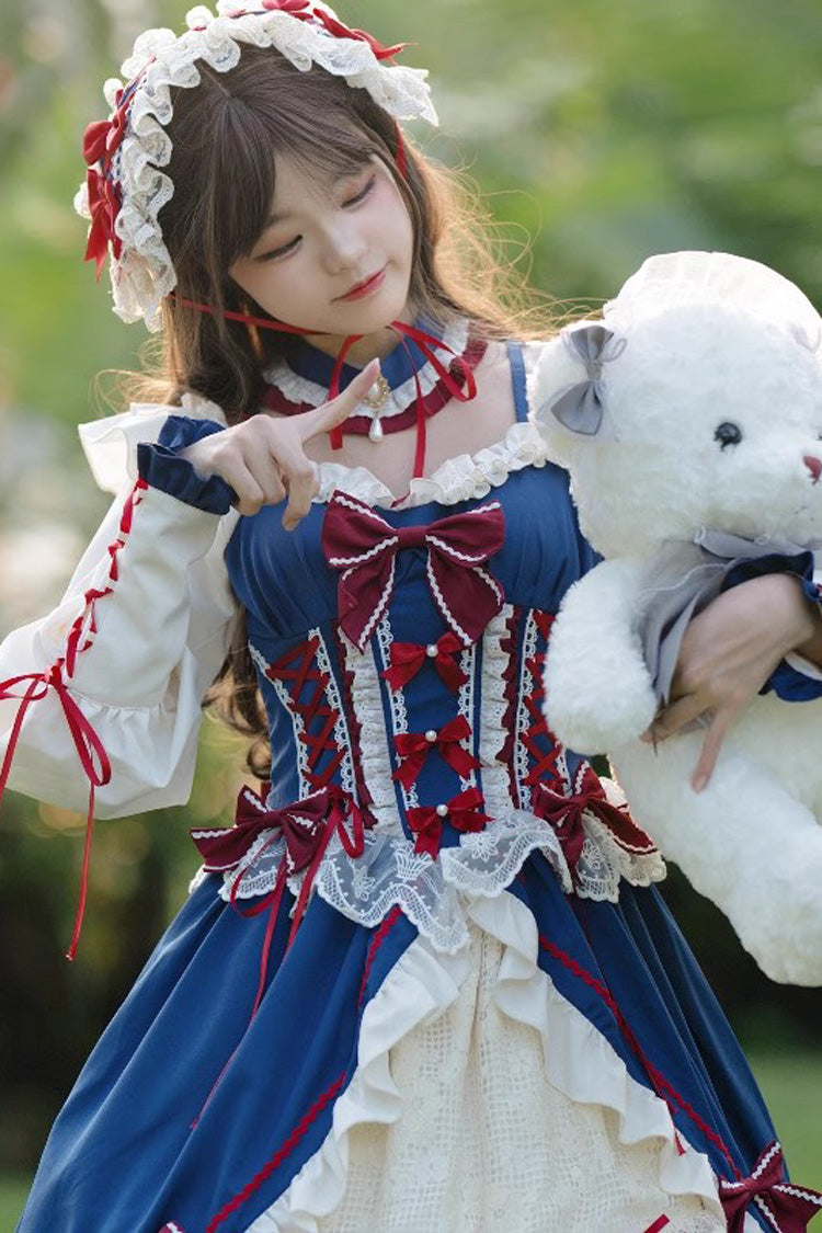 White-Blue Long Sweet Lolita Ruffle Cardigan Bowknot Dress