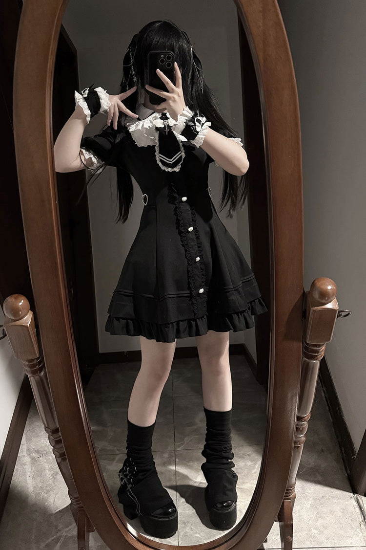 Black Short Sleeve Ruffled Bow Stitching Lace Gothic Plus Size Jirai Kei Dress
