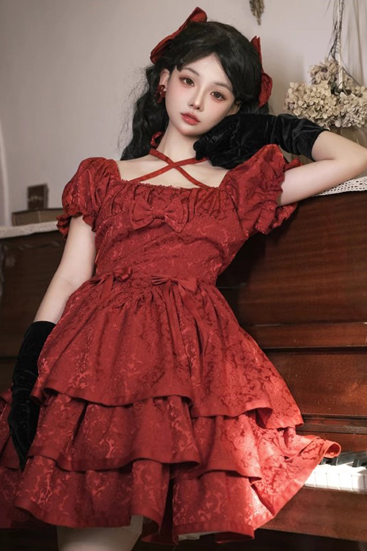 Red Thorn Rose Short Sleeve Multi-Layer Ruffle Bowknot Gothic Dress