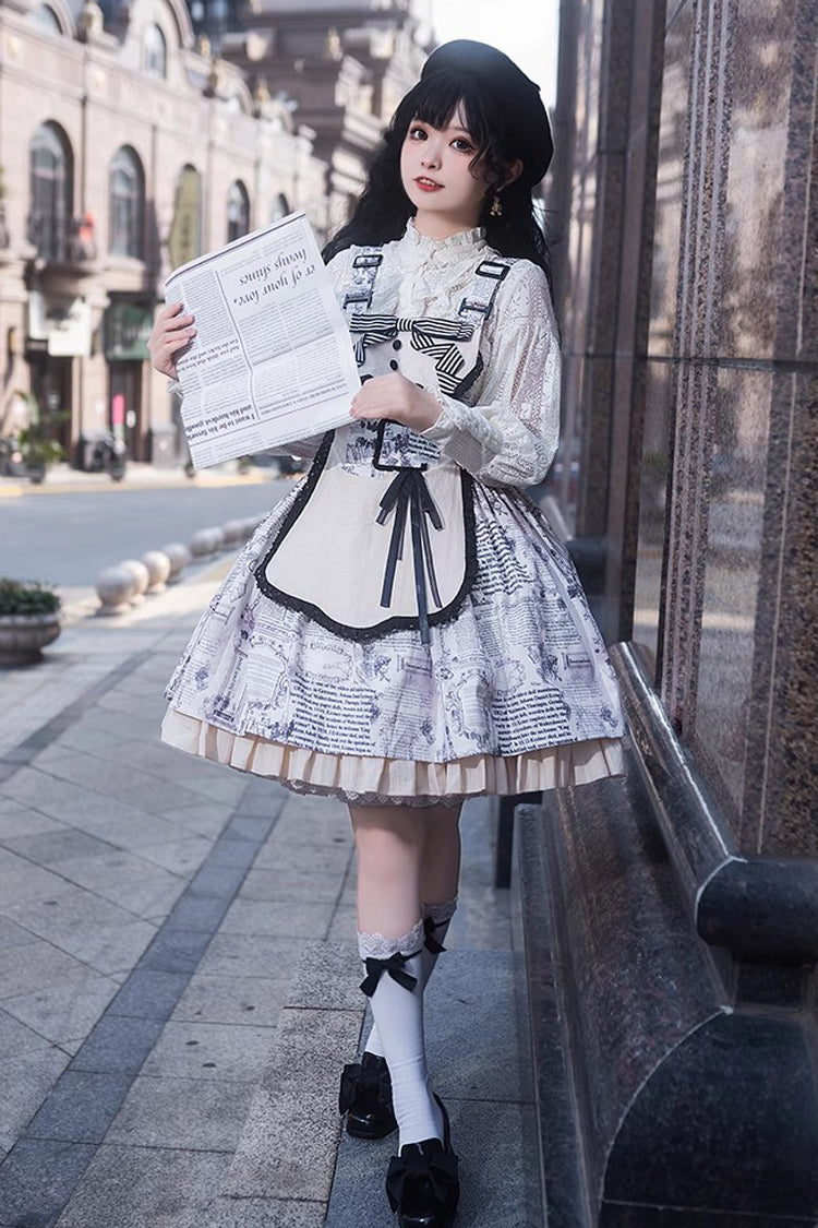 White Classic Lolita Strap Dress with Vintage Berlin Print and Apron