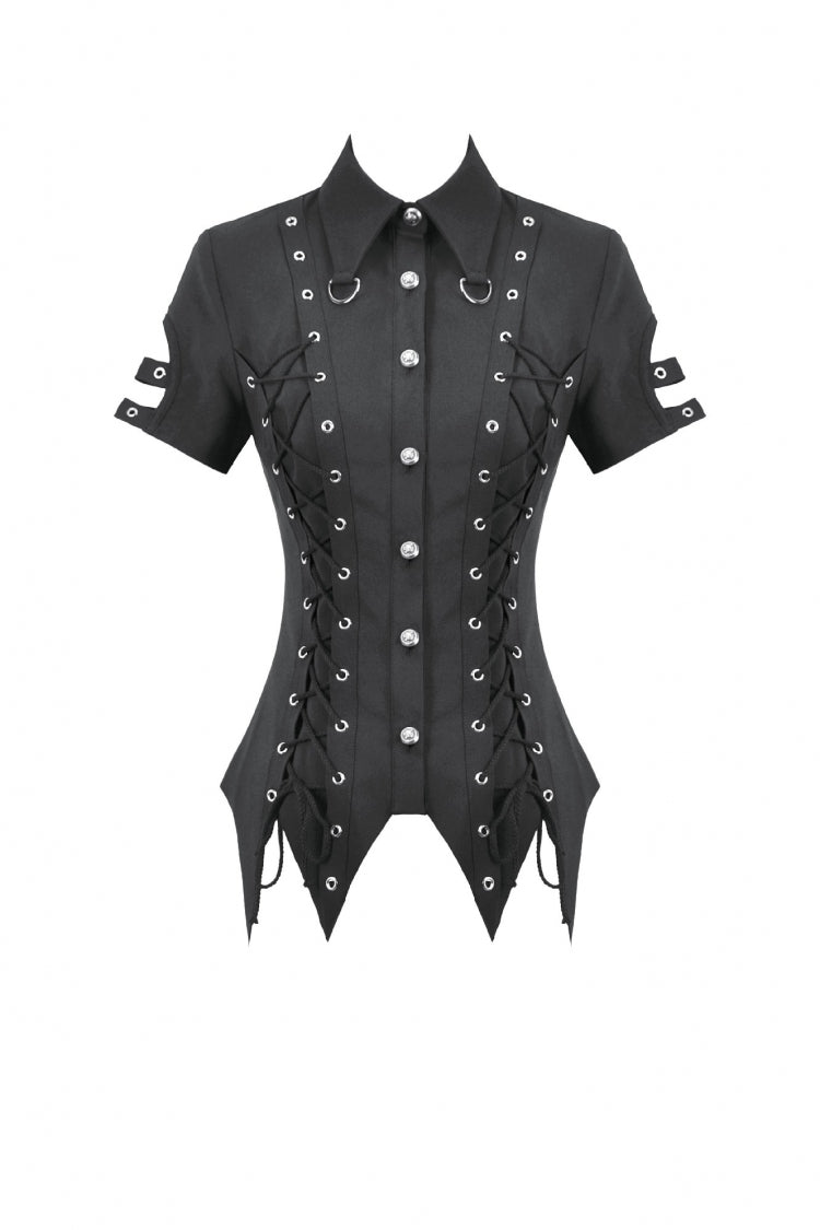 Punk Blouse with Turn-Down Collar and Lace-Up Eyelets