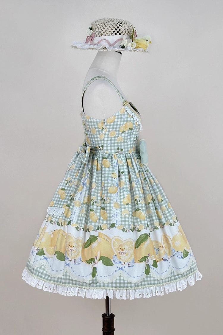 Verdant Printed Ruffle Bow Lace Sweet Jumper Dress - Lemon Chicken