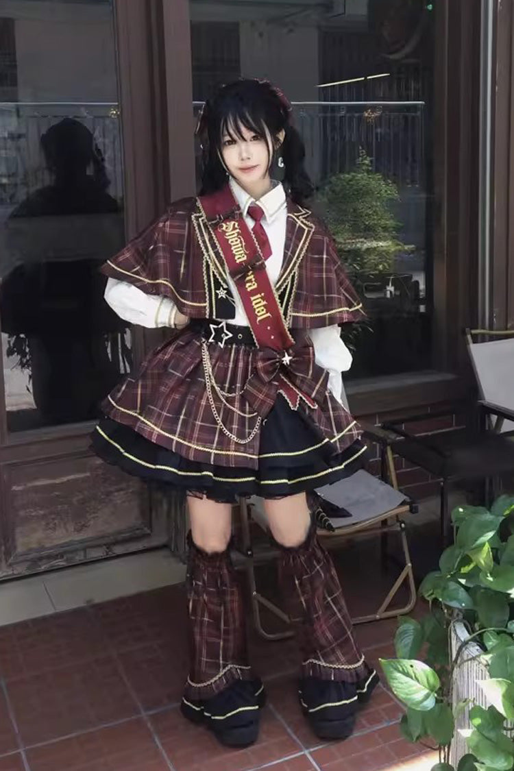 Crimson Showa Little Idol Notch Collar Long Sleeve Ruffled Open-Front Bow Asymmetric Classic Lolita Skirt Set