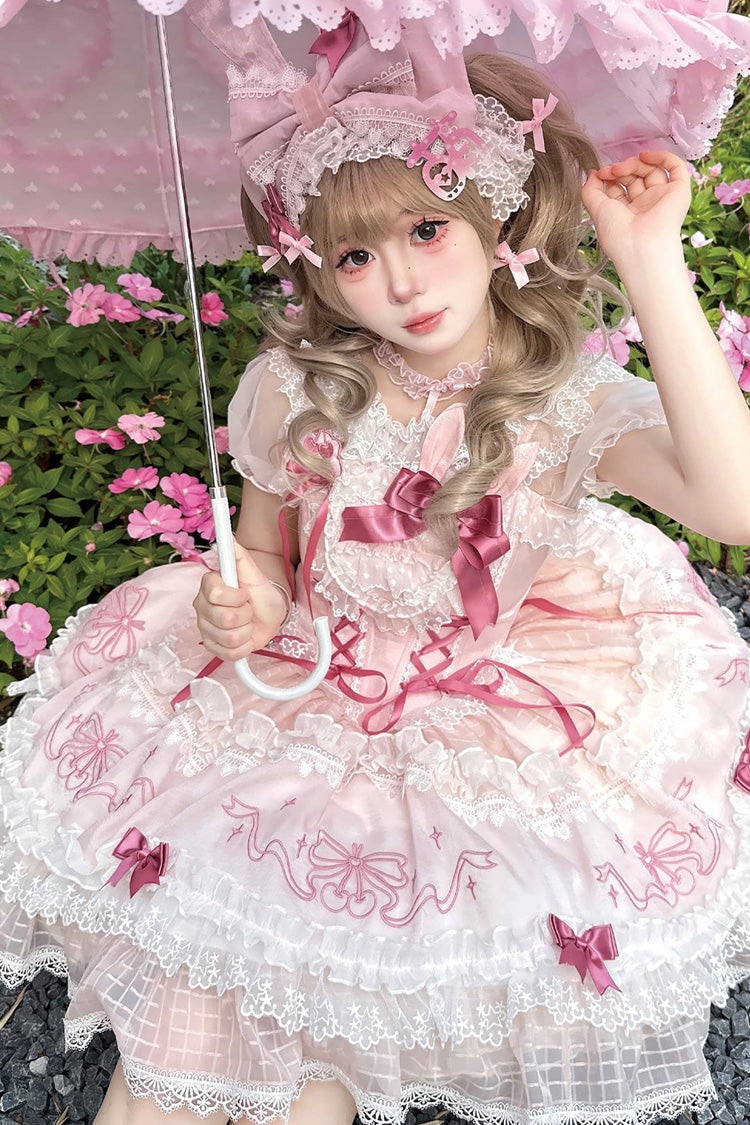 Blush Flutter-Sleeve Embroidered Square Neck Ruffled Lolita JSK - Sweetheart Bunny