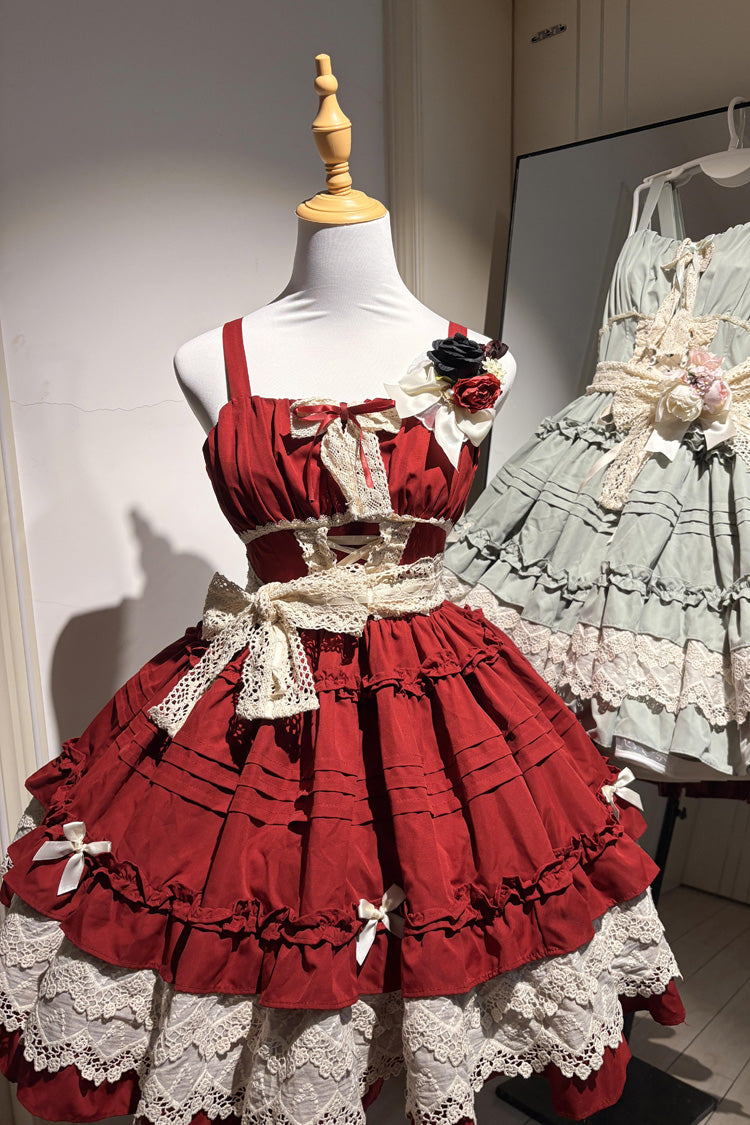 Crimson Vivian Off-Shoulder Short Sleeve Ruffled Bow Lace Sweet Princess Lolita Gown