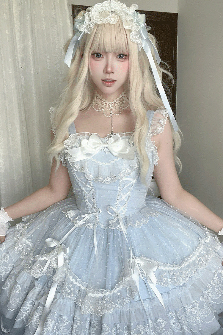 Cerulean Sleeveless Ruffle Bow Lace Corset Sweet Jumper Dress - Candy House