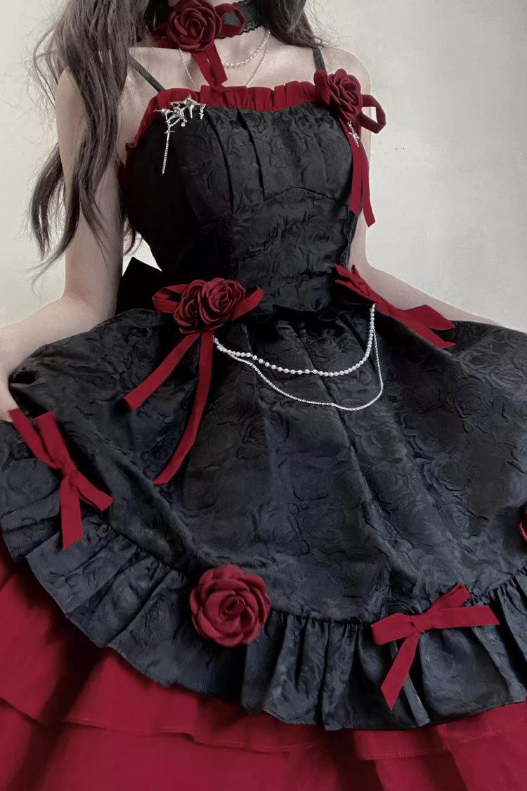 Crimson Noir Printed Ruffled Bow Embellished Gothic Princess Jumper Dress