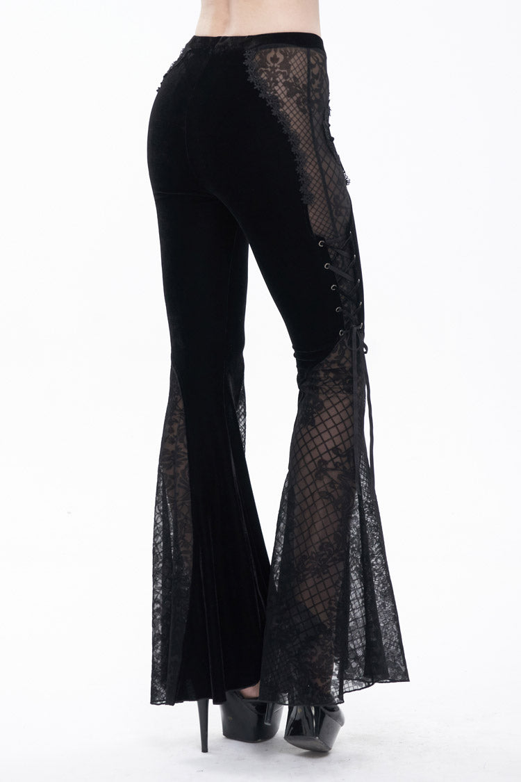 Velvet Jacquard Lace-Up Flared Gothic Trousers with Plaid Accents