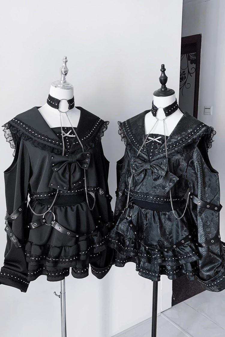 Navy Collar Long Sleeves Ruffled Bow Studded Gothic Jirai Kei Top and Skirt Set