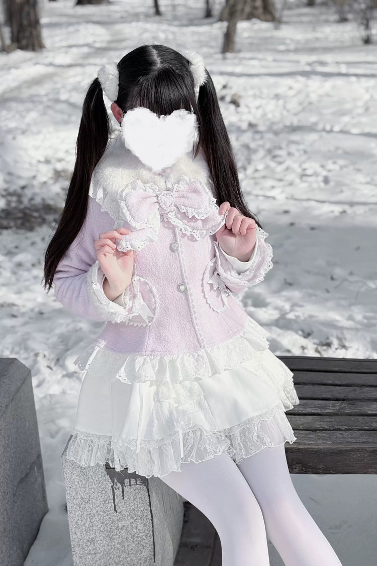 Diamond Strawberry Long Sleeve Bow Lace Pearl-Adorned Sweet Jirai Kei Lolita Coat in Three Colors