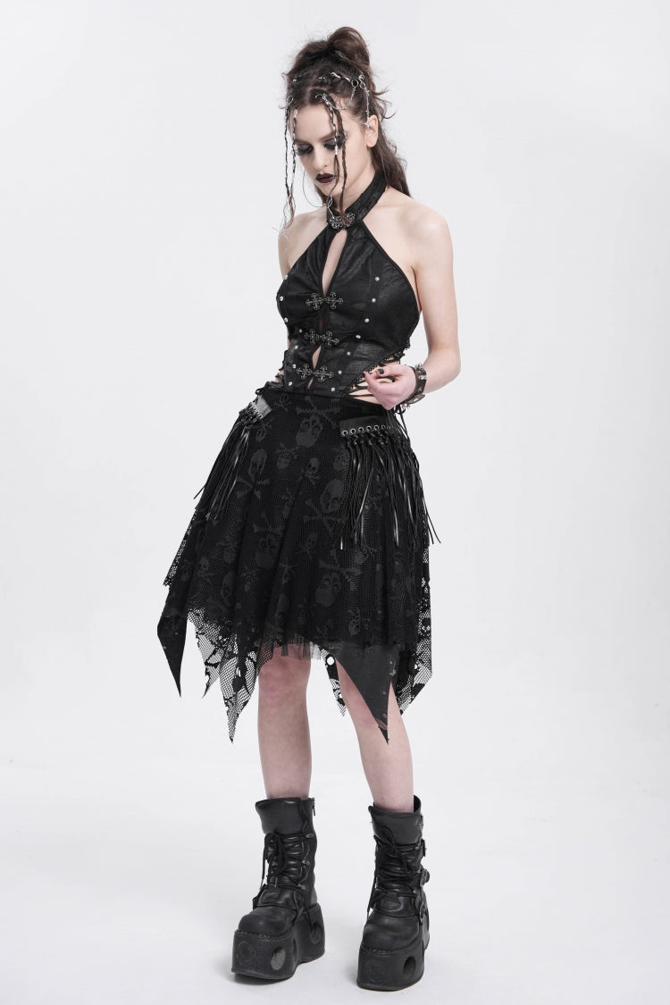 Black Halterneck Sleeveless Skull Print Asymmetrical Punk Gown