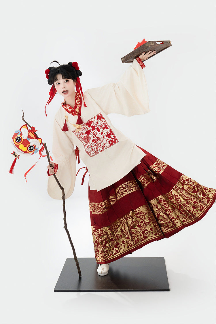 Scarlet Apricot V-Neck Lantern Sleeve High-Waist Printed Foil Women's Sweet Hanfu Two-Piece Set