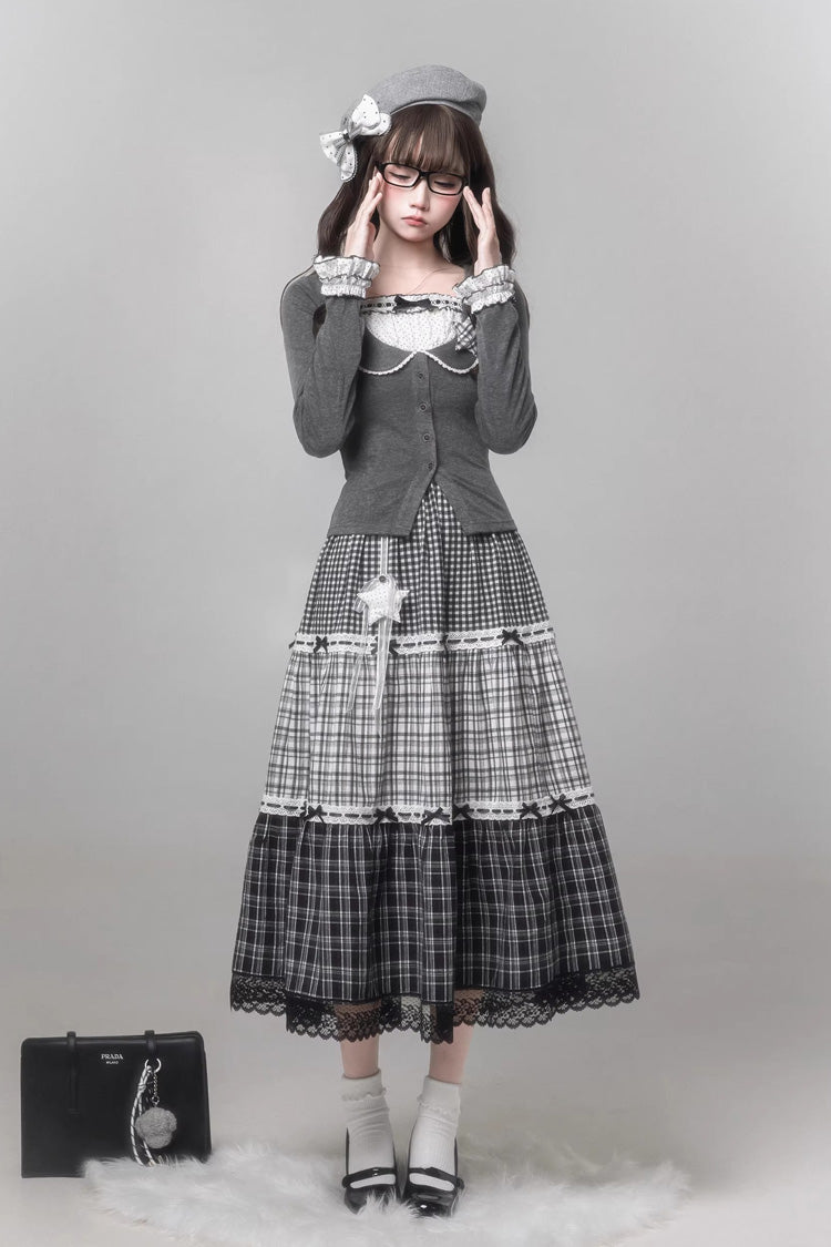 Sweet Lolita Skirt Set with Square Collar, Cut-Out Lace, Star Print, Grey