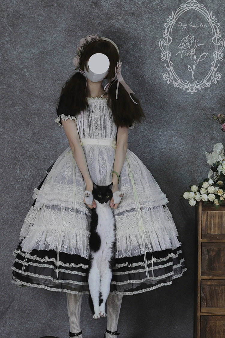 Noir Square Neck Short Sleeve Lace Pearl Sweet Dress - Vintage Ball 3.0