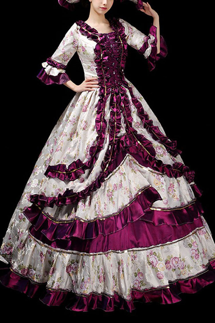 Floral Print Ruffled Multi-Layer Victorian Gown - Half Sleeves