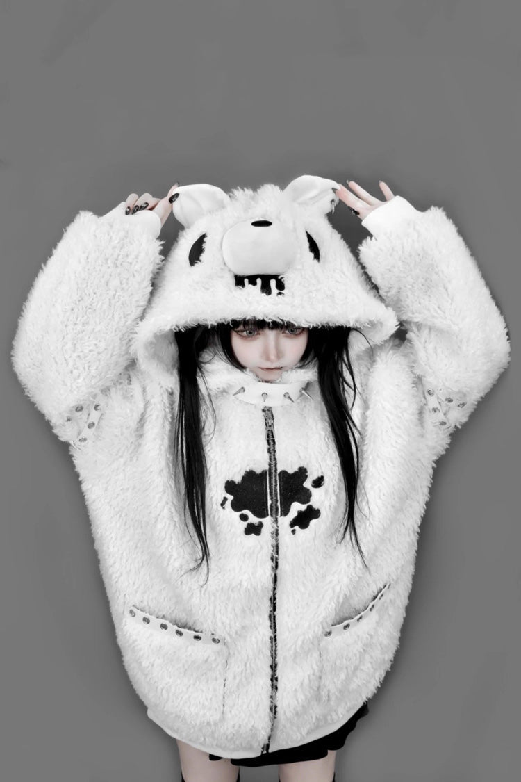 Ivory Bear Ear Hooded Zip-Up Dark Jirai Kei Coat