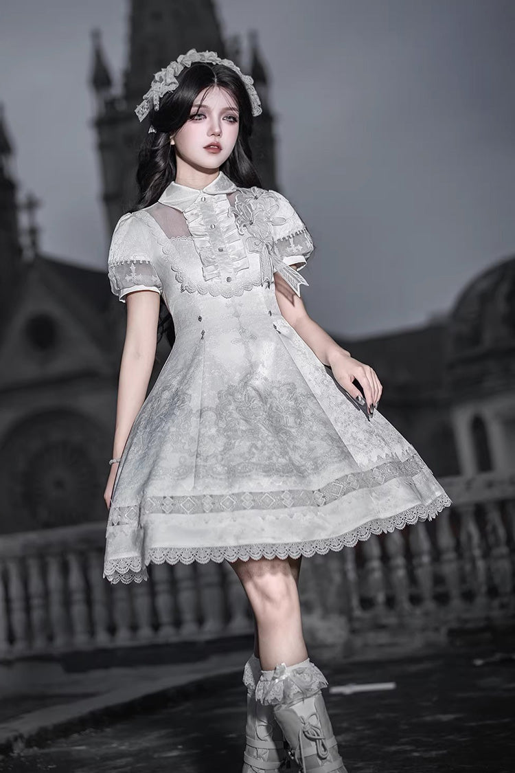 Ivory Classic Gothic Lolita Dress with Ruffled Lace and Short Sleeves