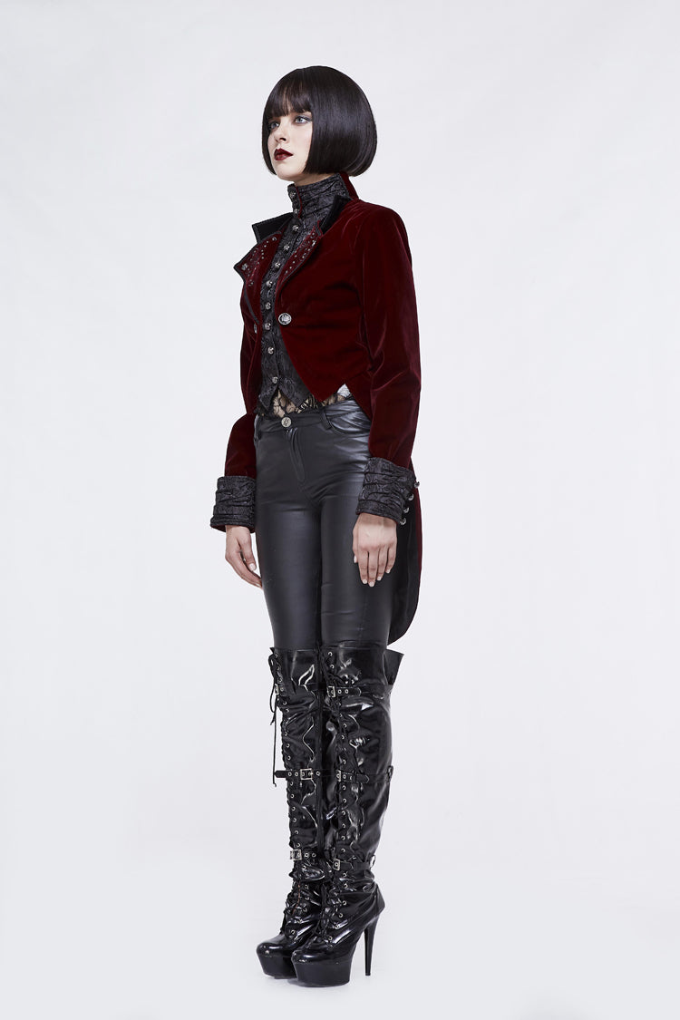 Crimson Noir Brocade Collar Embroidered Metal Stud Velvet Swallowtail Gothic Coat