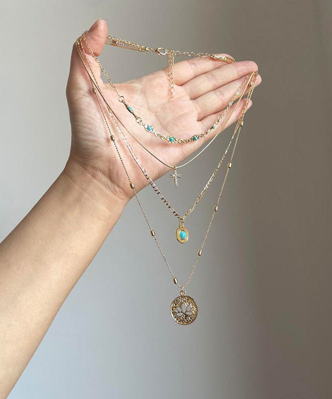 Turquoise Hollow Tassel Layered Pendant Necklace Out Art Sterling Overgild Silver Gold