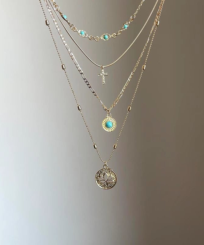 Turquoise Hollow Tassel Layered Pendant Necklace Out Art Sterling Overgild Silver Gold