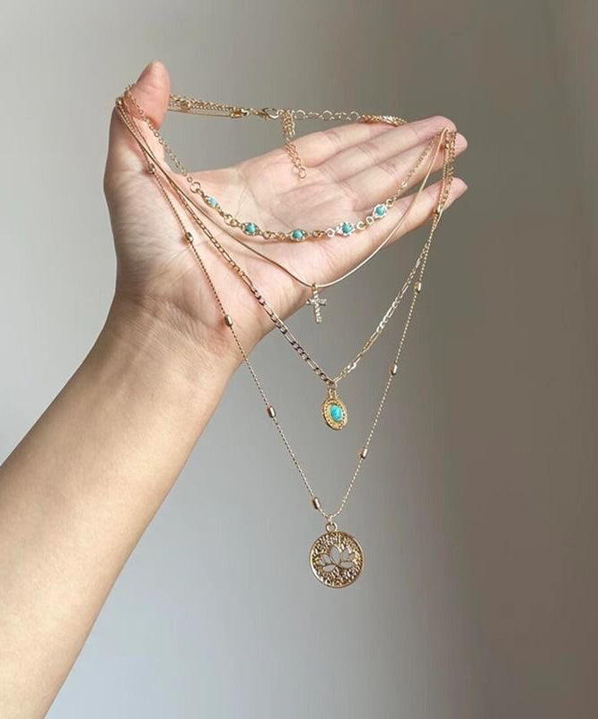 Turquoise Hollow Tassel Layered Pendant Necklace Out Art Sterling Overgild Silver Gold