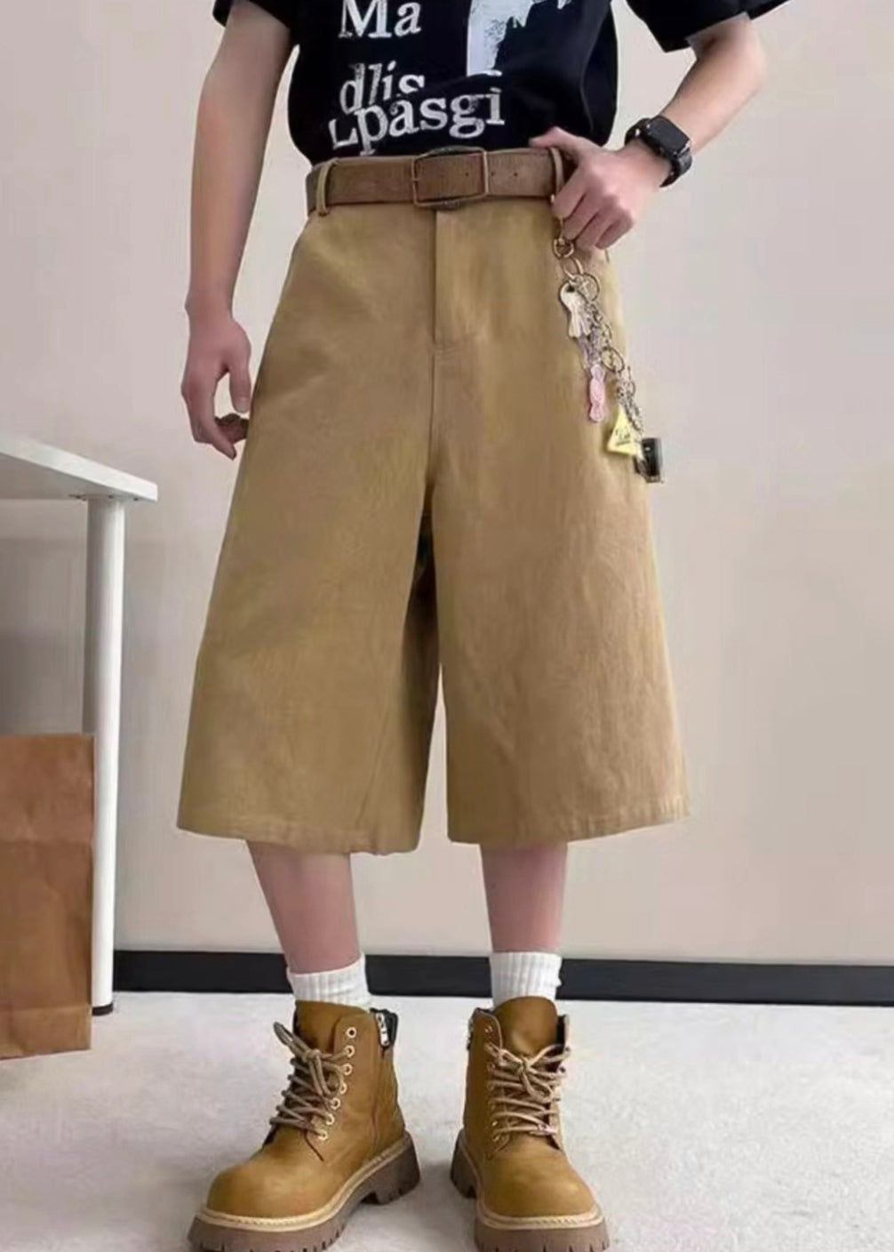 Khaki Pockets High Waist Letter Crop Pants Summer Art Mens