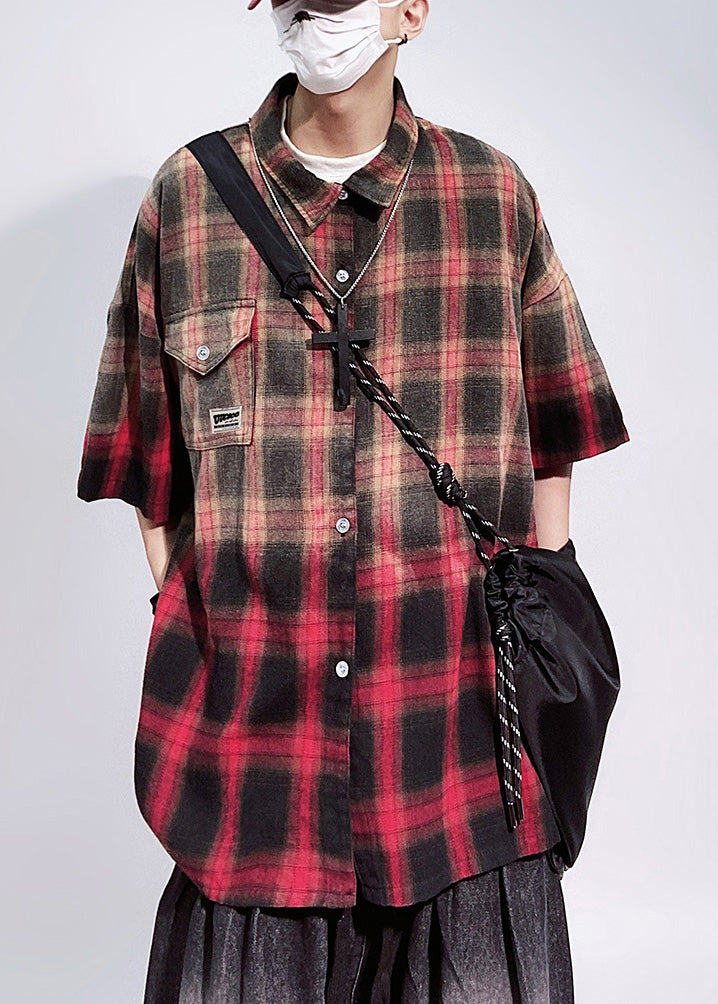 Mens Plaid Shirts Art Red Sleeve Pockets Half Cotton Oversized