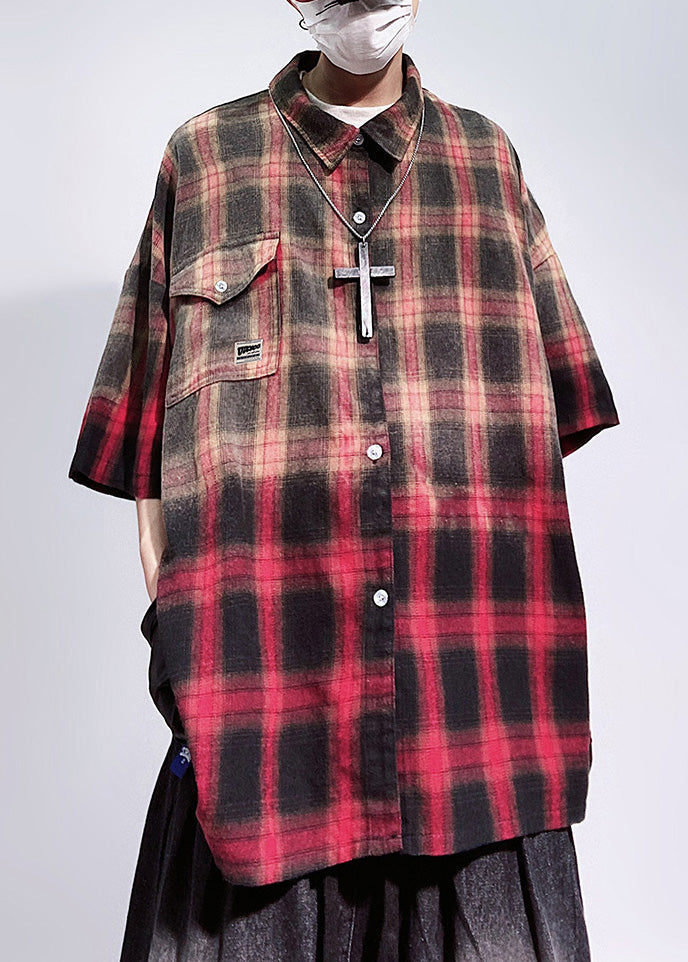 Mens Plaid Shirts Art Red Sleeve Pockets Half Cotton Oversized