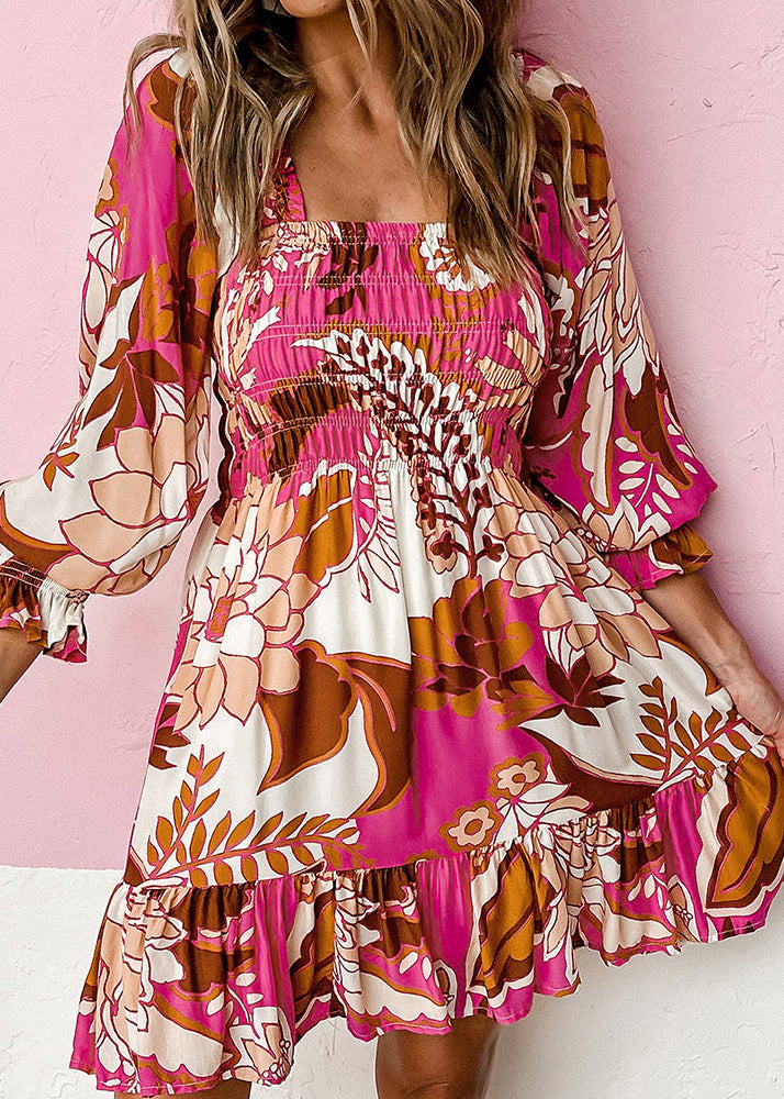 Rose Wrinkled Square Fall Collar Mid Dress Beautiful