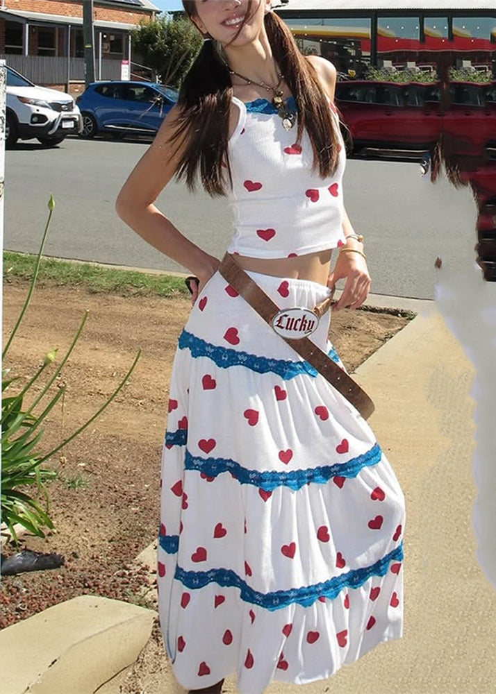 Summer White Vest Maxi Beautiful Two Print And Skirts Set Pieces