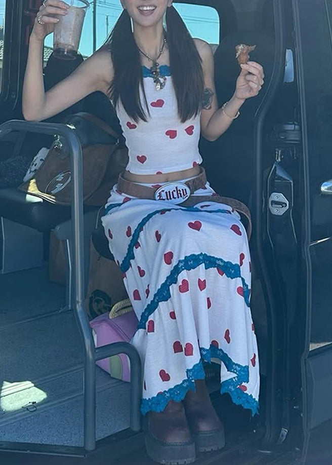 Summer White Vest Maxi Beautiful Two Print And Skirts Set Pieces