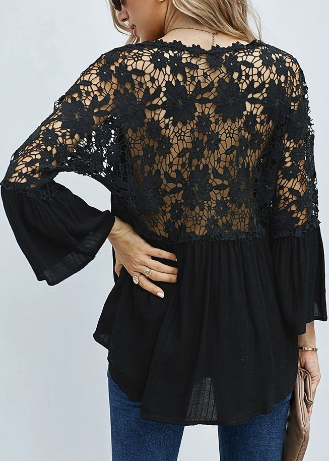 Neck Hollow Tops Solid V Black Fall Out