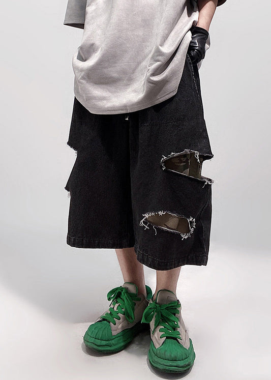 Summer Waist Shorts Men Pockets Denim Oversized Elastic Black