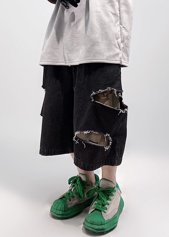 Summer Waist Shorts Men Pockets Denim Oversized Elastic Black