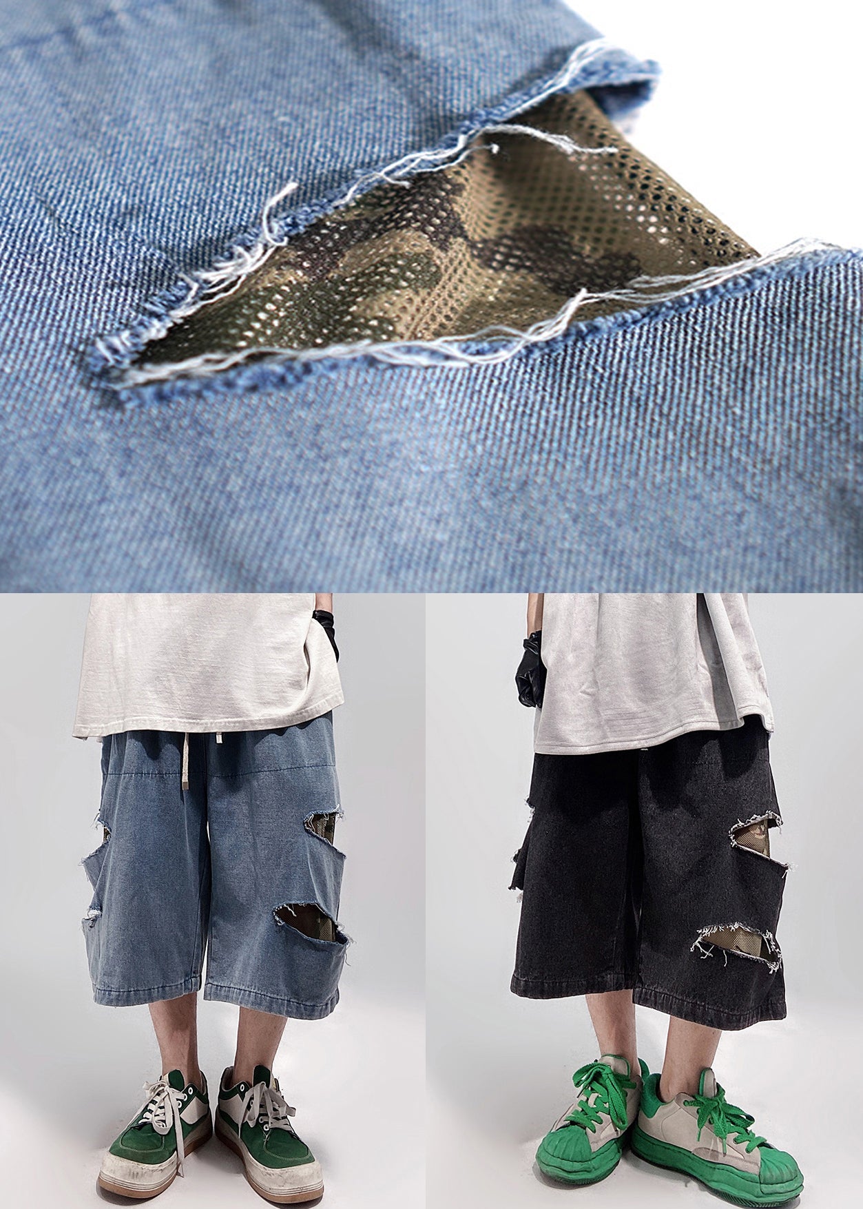 Summer Waist Shorts Men Pockets Denim Oversized Elastic Black