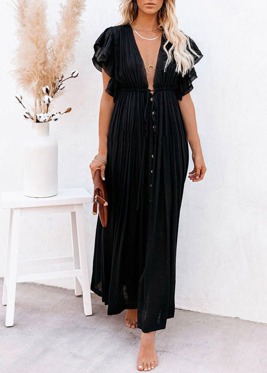 Long Dress Solid Ruffled Summer Patchwork Black
