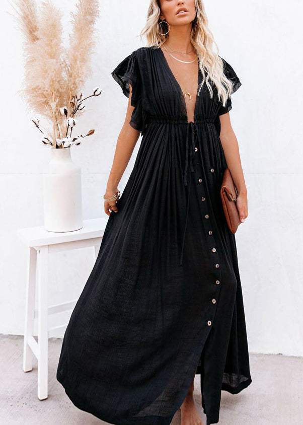 Long Dress Solid Ruffled Summer Patchwork Black