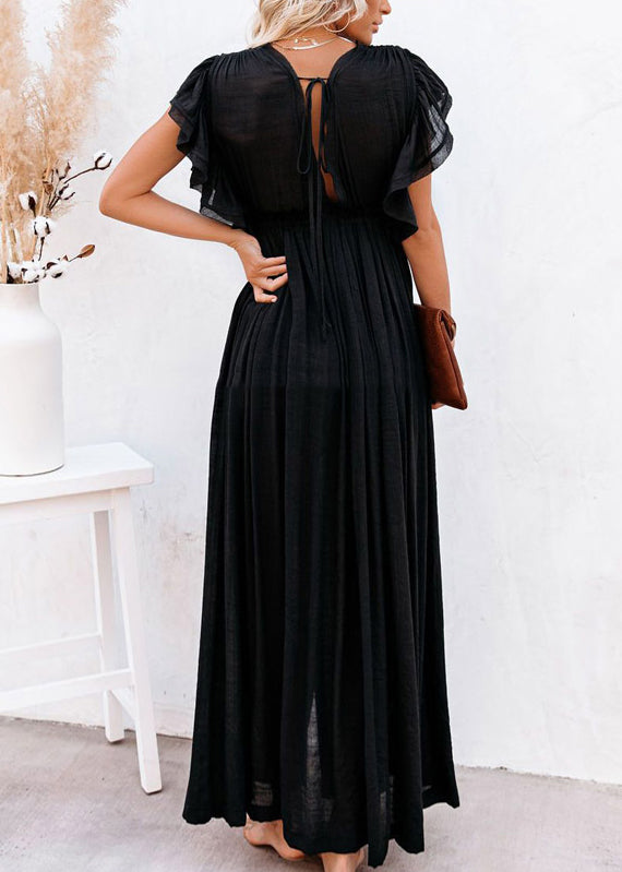 Long Dress Solid Ruffled Summer Patchwork Black