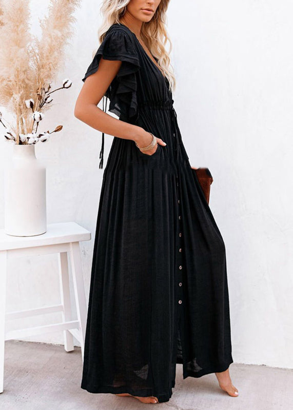 Long Dress Solid Ruffled Summer Patchwork Black