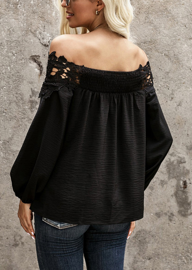 Shirt Patchwork Sleeve Slash Neck Black Lace Lantern