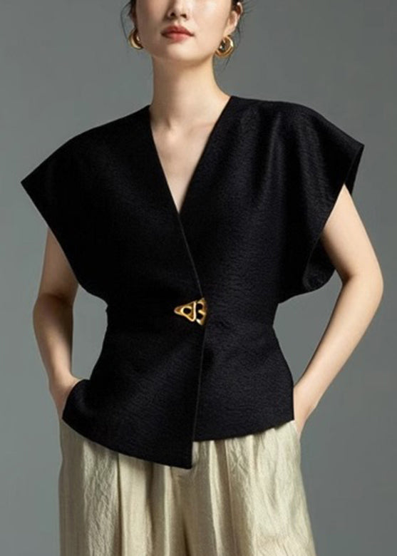 Asymmetrical Shirt Sleeveless Solid Black