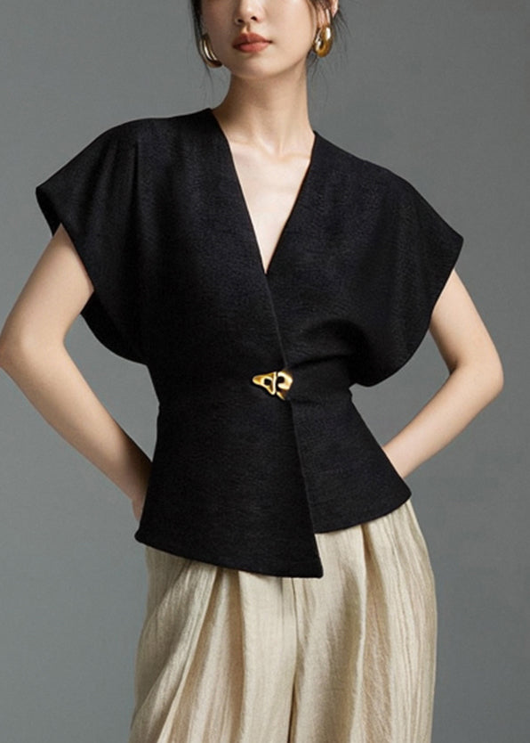 Asymmetrical Shirt Sleeveless Solid Black