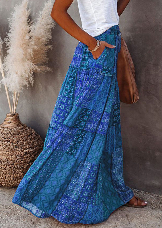 Summer Elastic Pockets Blue Waist Skirts Maxi