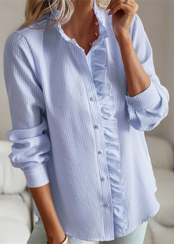 Blue Solid Sleeve Puff Patchwork Shirt Ruffled
