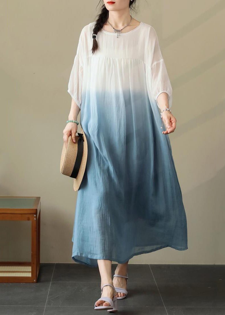 Cotton Neck Summer Blue Dresses O Wrinkled