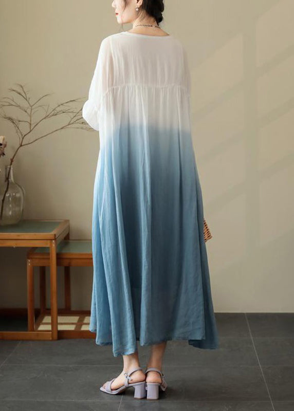 Cotton Neck Summer Blue Dresses O Wrinkled