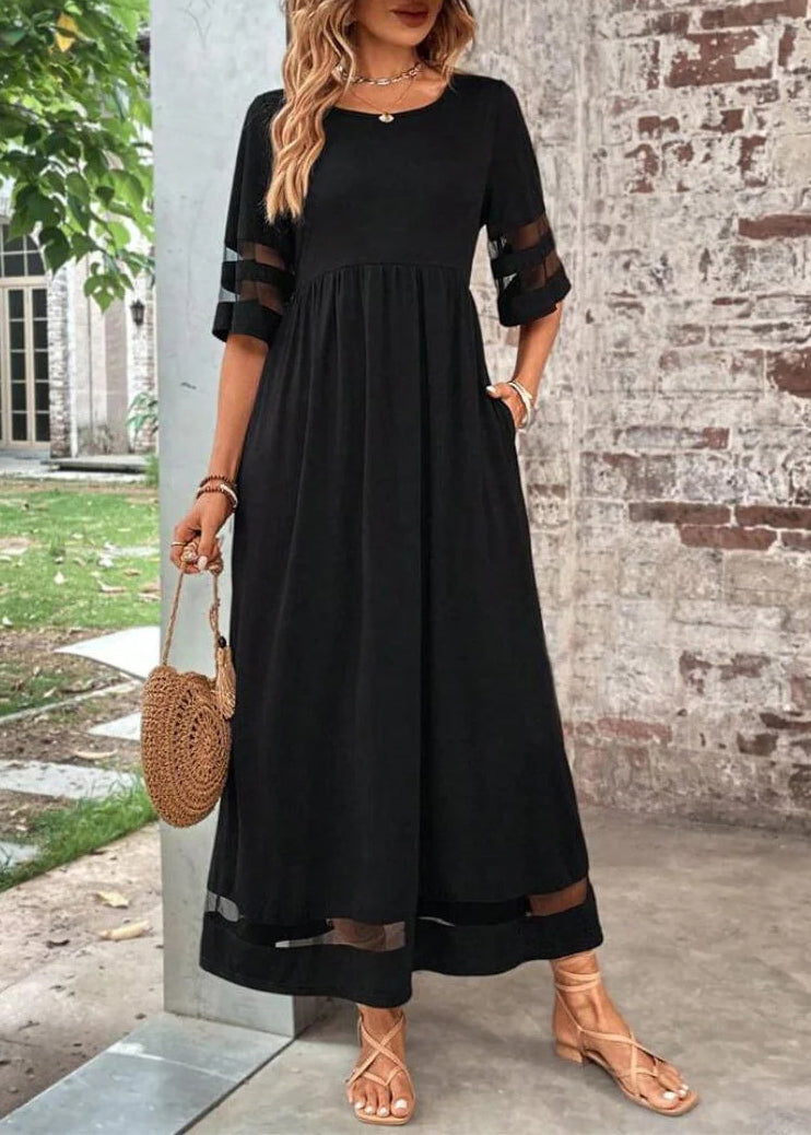 Bohemian Long Black Tulle Patchwork Dress Summer O-Neck