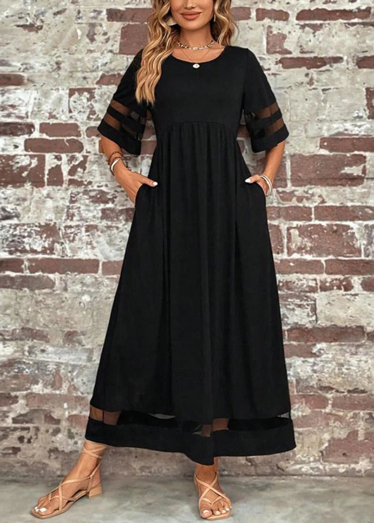 Bohemian Long Black Tulle Patchwork Dress Summer O-Neck